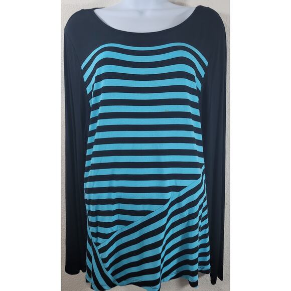 Dana Buchman Black Teal Striped Long Sleeve Top XL Lightweight Soft Stretchy - Picture 1 of 5